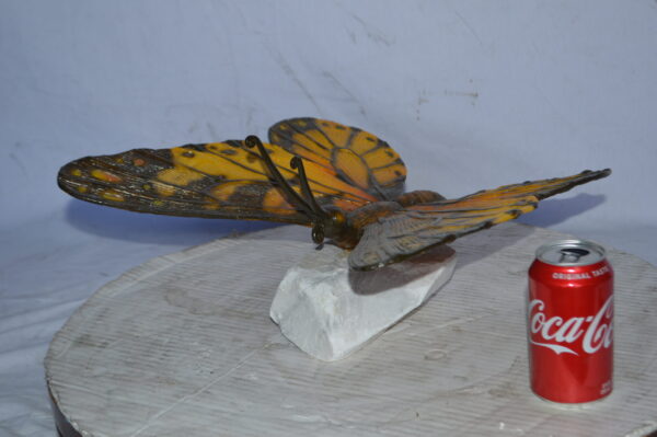 Orange Monarch butterfly bronze statue on a  rock - Size: 14"L x 16"W x 8"H. - Image 5