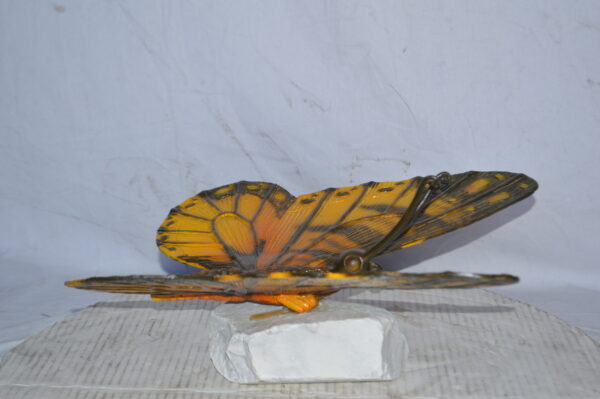 Orange Monarch butterfly bronze statue on a  rock - Size: 14"L x 16"W x 8"H. - Image 10