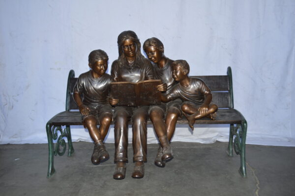 Mom and boys reading stories on bench bronze statue - Size: 53"L x 33"W x 39"H. - Image 3