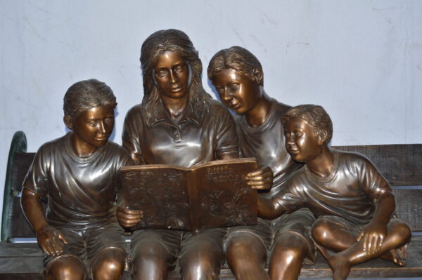 Mom and boys reading stories on bench bronze statue - Size: 53"L x 33"W x 39"H. - Image 4