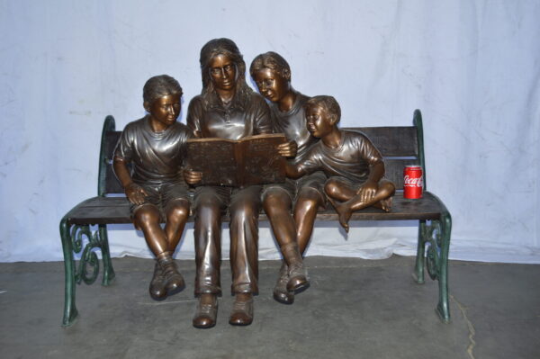 Mom and boys reading stories on bench bronze statue - Size: 53"L x 33"W x 39"H. - Image 5