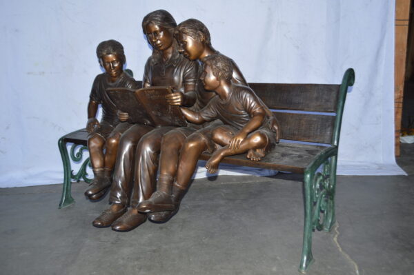 Mom and boys reading stories on bench bronze statue - Size: 53"L x 33"W x 39"H. - Image 6