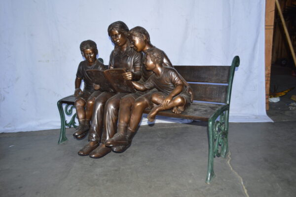 Mom and boys reading stories on bench bronze statue - Size: 53"L x 33"W x 39"H. - Image 7