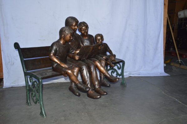 Mom and boys reading stories on bench bronze statue - Size: 53"L x 33"W x 39"H. - Image 8