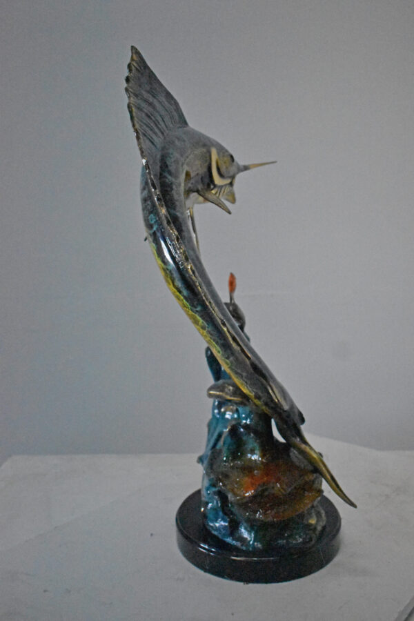 Swordfish with Two Small fish Bronze Statue on Marble - Size: 21"L x 13"W x 28"H - Image 3