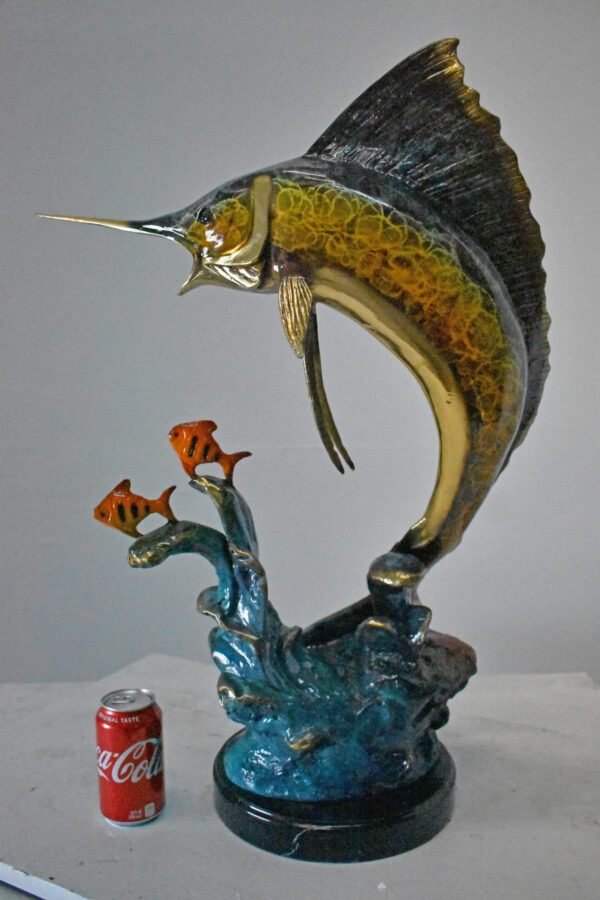 Swordfish with Two Small fish Bronze Statue on Marble - Size: 21"L x 13"W x 28"H - Image 5