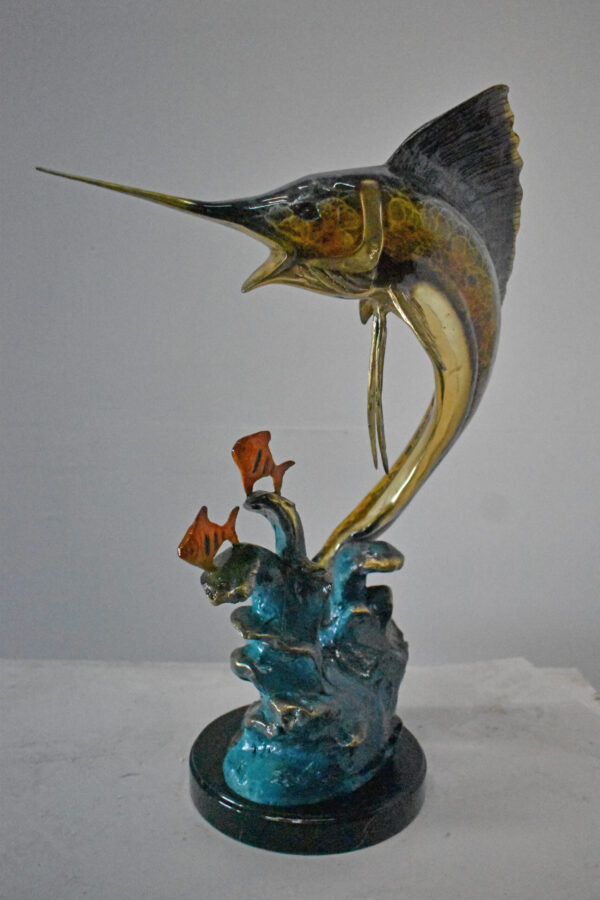 Swordfish with Two Small fish Bronze Statue on Marble - Size: 21"L x 13"W x 28"H - Image 6