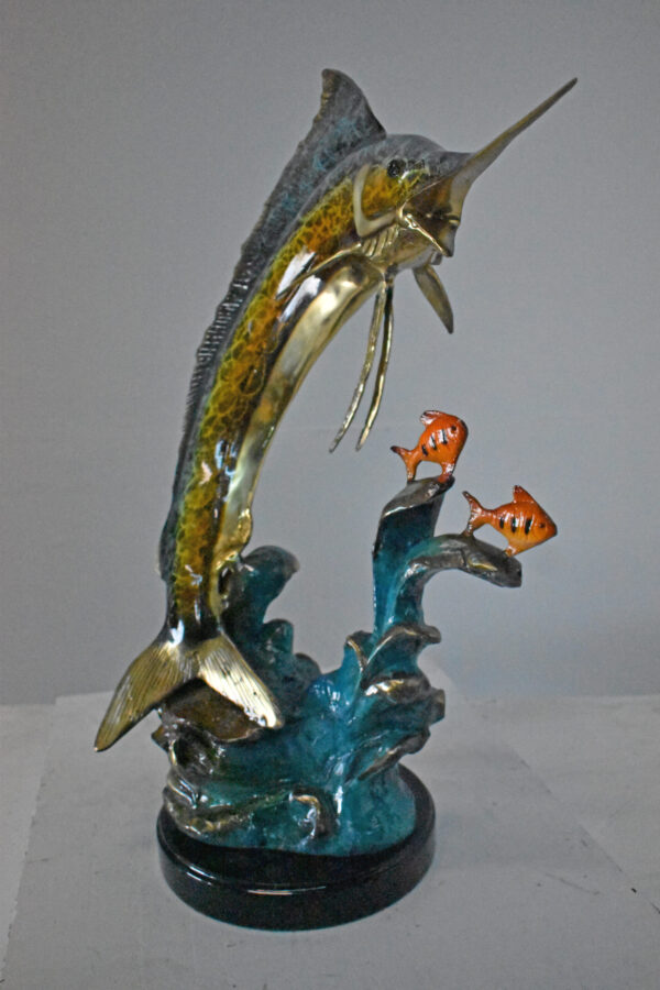 Swordfish with Two Small fish Bronze Statue on Marble - Size: 21"L x 13"W x 28"H - Image 7