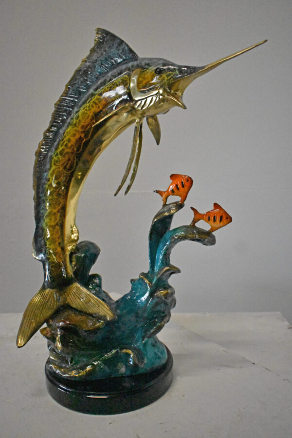 Swordfish with Two Small fish Bronze Statue on Marble - Size: 21"L x 13"W x 28"H - Image 8