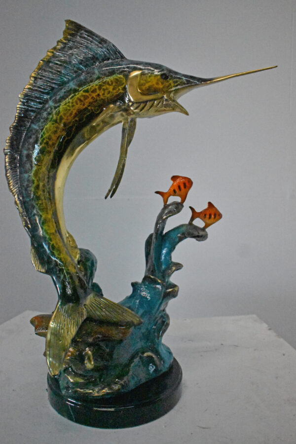 Swordfish with Two Small fish Bronze Statue on Marble - Size: 21"L x 13"W x 28"H - Image 9