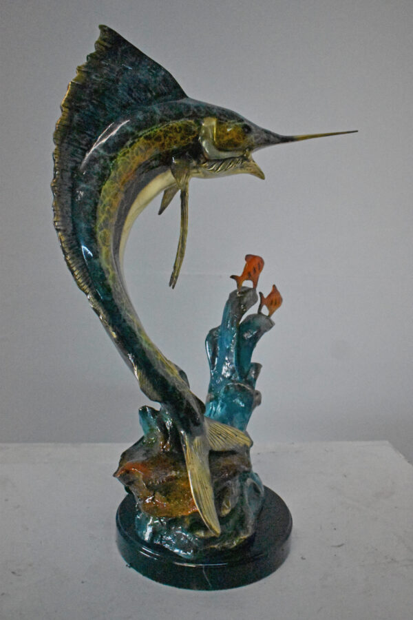 Swordfish with Two Small fish Bronze Statue on Marble - Size: 21"L x 13"W x 28"H - Image 10