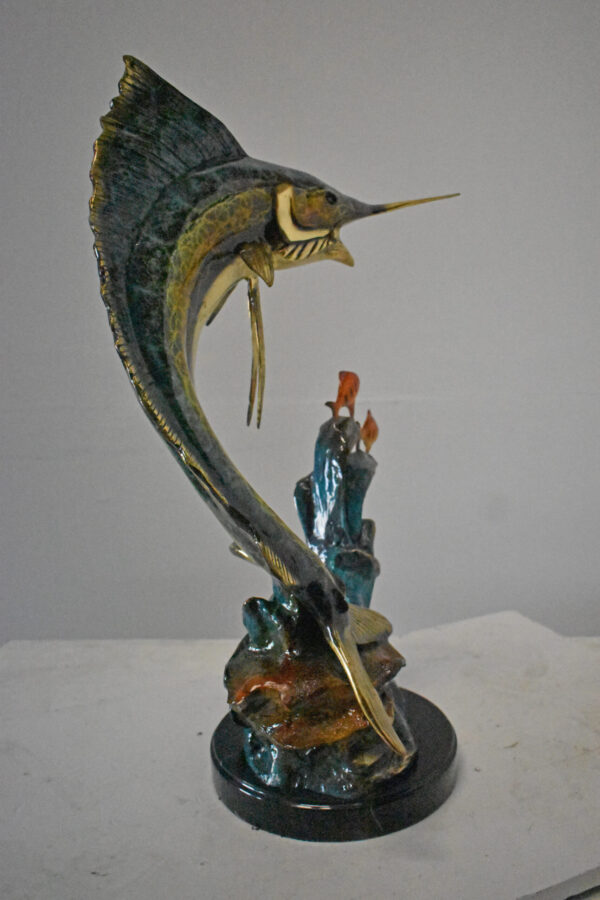 Swordfish with Two Small fish Bronze Statue on Marble - Size: 21"L x 13"W x 28"H - Image 11