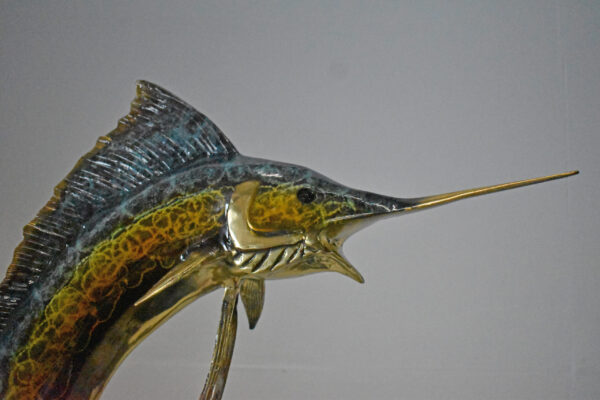 Swordfish with Two Small fish Bronze Statue on Marble - Size: 21"L x 13"W x 28"H - Image 12