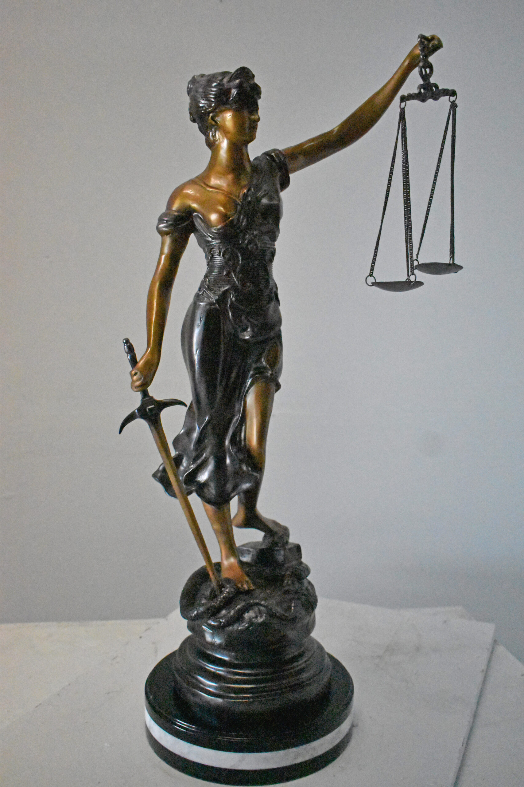 Lady Justice statue mounted on a marble Size: 14"L x 16"W x 32"H. - NiFAO