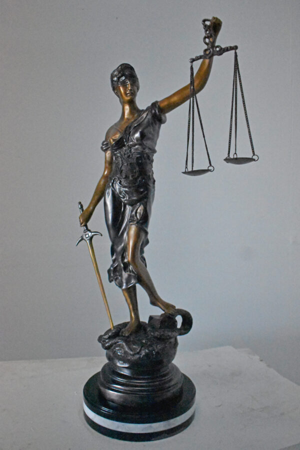 Lady Justice bronze statue mounted on a marble - Size: 14"L x 16"W x 32"H. - Image 13