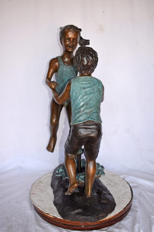 Young Boy and girl dancing around fountain bronze statue-Size 28" x 13" x 38"H - Image 6