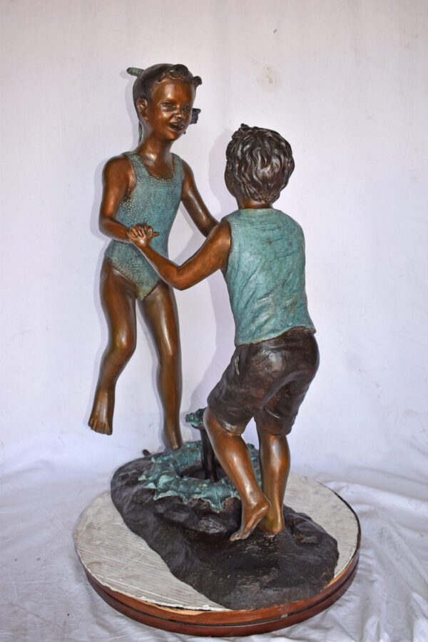 Young Boy and girl dancing around fountain bronze statue-Size 28" x 13" x 38"H - Image 7