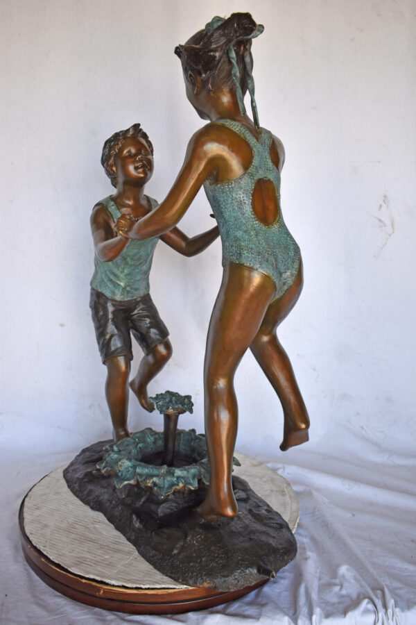 Young Boy and girl dancing around fountain bronze statue-Size 28" x 13" x 38"H - Image 12