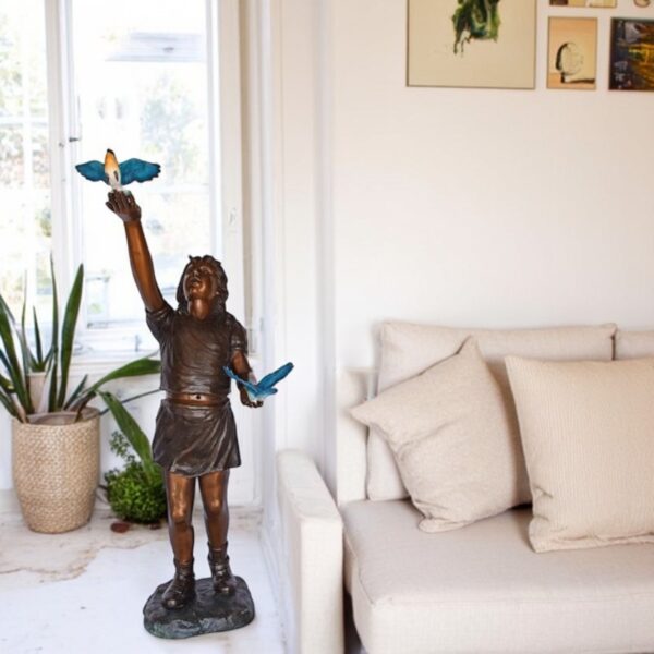 Girl, sandy, with two Blue birds Bronze Statue - Size: 25"L x 23"W x 41"H. - Image 2
