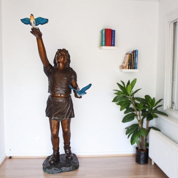 Girl, sandy, with two Blue birds Bronze Statue - Size: 25"L x 23"W x 41"H. - Image 3