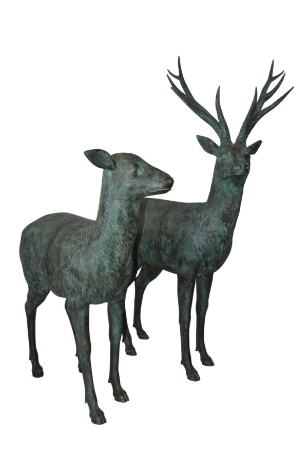 Pair of life size deer bronze statue with Green Patina - Size: 17" x 44" x 52"H. - Image 11