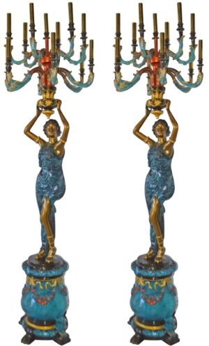 A Pair of Ladies holding a Lamp Bronze Statue - Size: 30"L x 30"W x 100"H.
