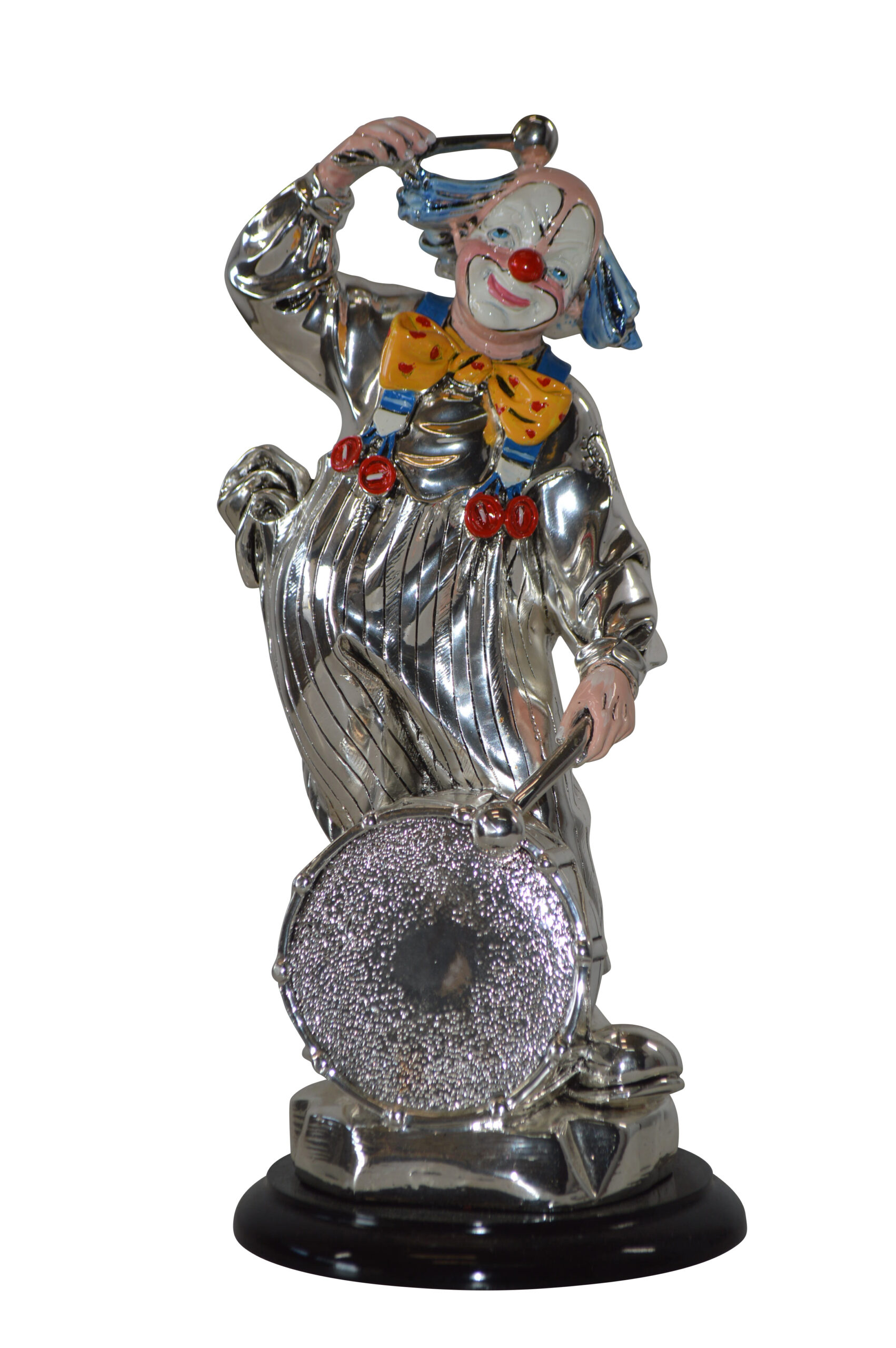 Clown Plays the Drams Resin Statue Silver finish - Size: 6L x 6W x 16H.