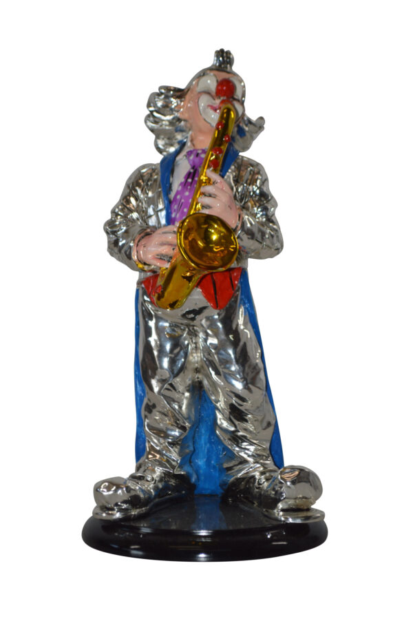 Clown Plays the Saxophone Resin Statue Silver finish - Size: 6"L x 6"W x 14"H.