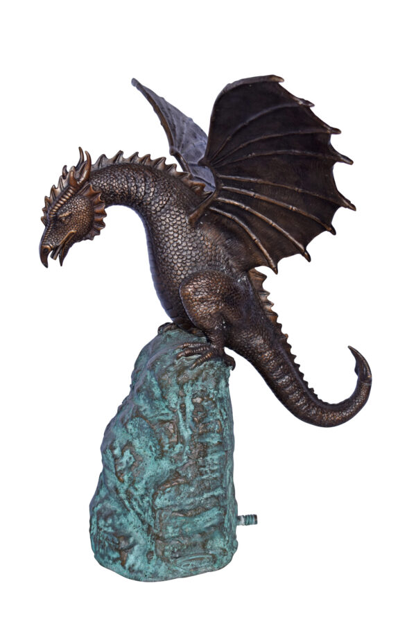 Dragon Standing on a Rock Bronze Statue Fountain - Size: 23"L x 18"W x 23"H.