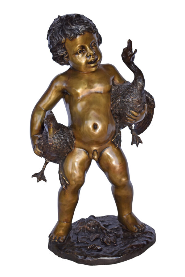 Naked Boy holding Two Ducks Bronze Statue Fountain Art Nude - Size: 17"L x 14"W x 27"H.