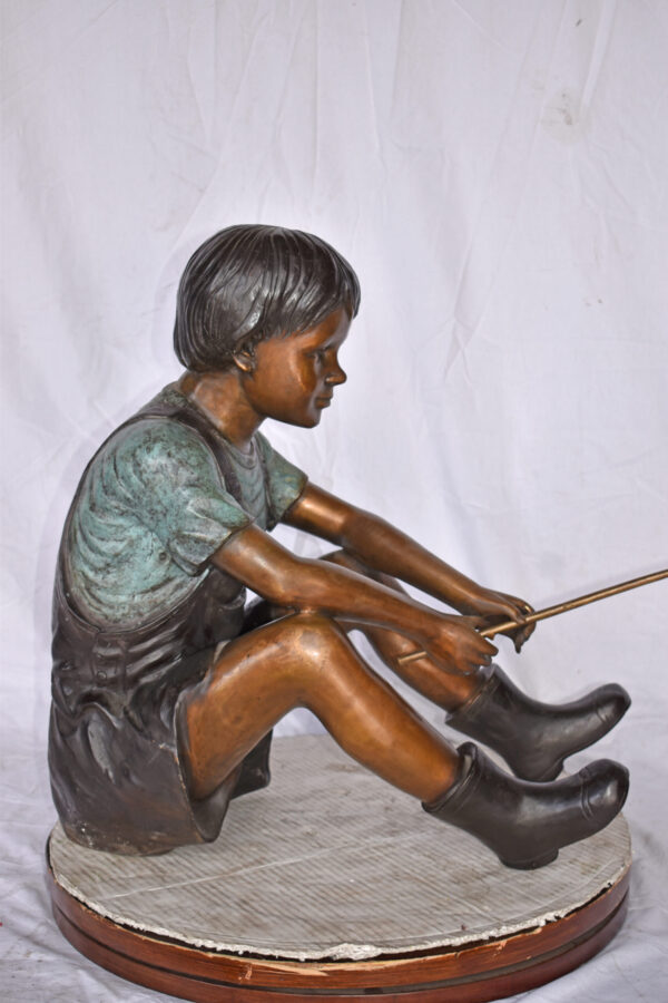 Boy Sitting on the Ground, Fishing Bronze Statue - Size: 26"L x 15"W x 25"H. - Image 5