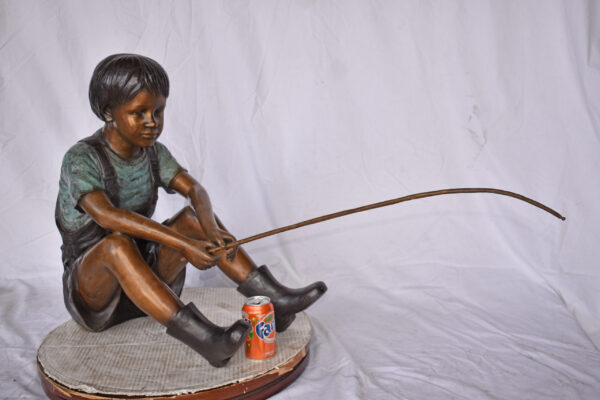 Boy Sitting on the Ground, Fishing Bronze Statue - Size: 26"L x 15"W x 25"H. - Image 4