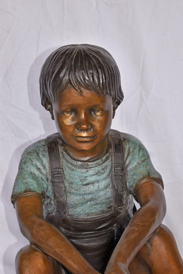 Boy Sitting on the Ground, Fishing Bronze Statue - Size: 26"L x 15"W x 25"H. - Image 7