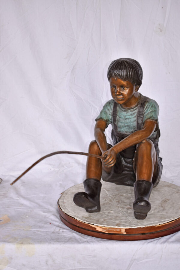 Boy Sitting on the Ground, Fishing Bronze Statue - Size: 26"L x 15"W x 25"H. - Image 8