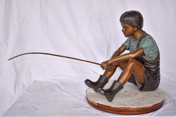 Boy Sitting on the Ground, Fishing Bronze Statue - Size: 26"L x 15"W x 25"H. - Image 9