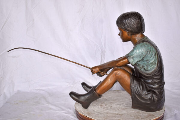 Boy Sitting on the Ground, Fishing Bronze Statue - Size: 26"L x 15"W x 25"H. - Image 10