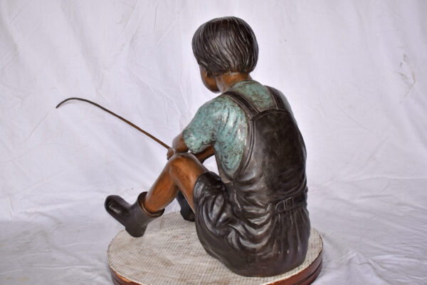 Boy Sitting on the Ground, Fishing Bronze Statue - Size: 26"L x 15"W x 25"H. - Image 11