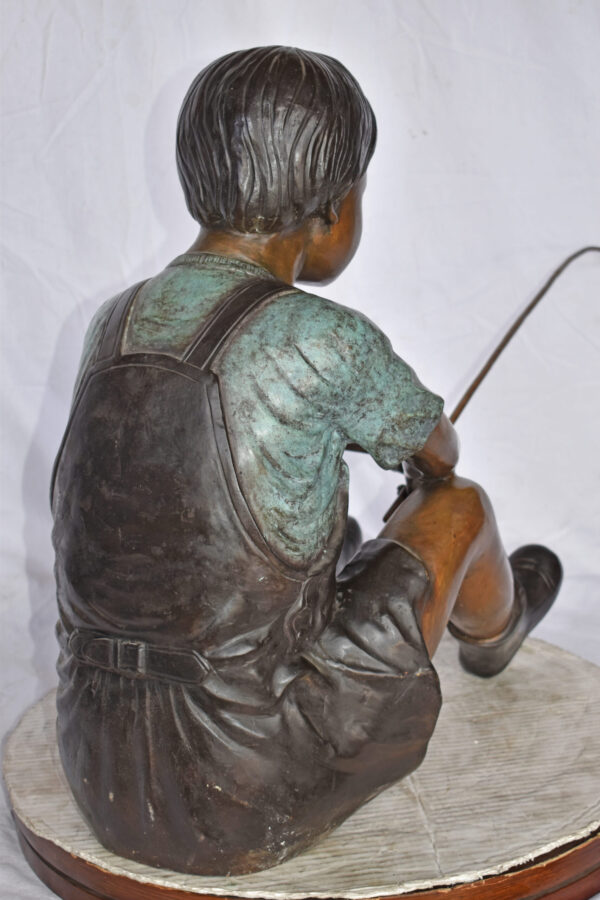 Boy Sitting on the Ground, Fishing Bronze Statue - Size: 26"L x 15"W x 25"H. - Image 13