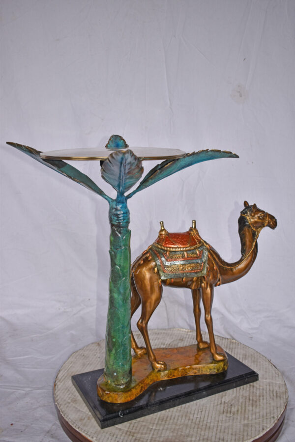 Camel Standing Under A Palm Tree Bronze Statue - Size: 20"L x 29"W x 25"H. - Image 7