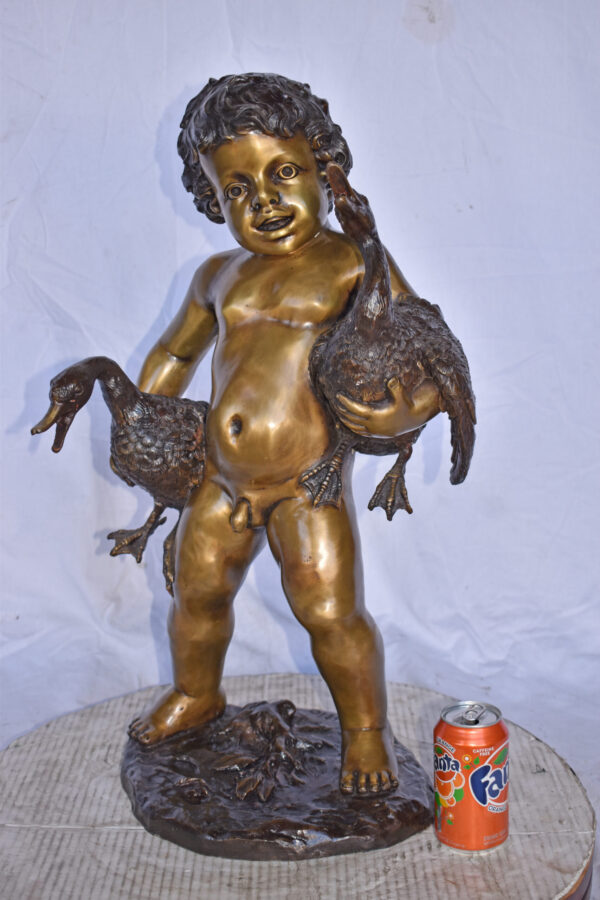 Naked Boy holding Two Ducks Bronze Statue Fountain Art Nude - Size: 17"L x 14"W x 27"H. - Image 3