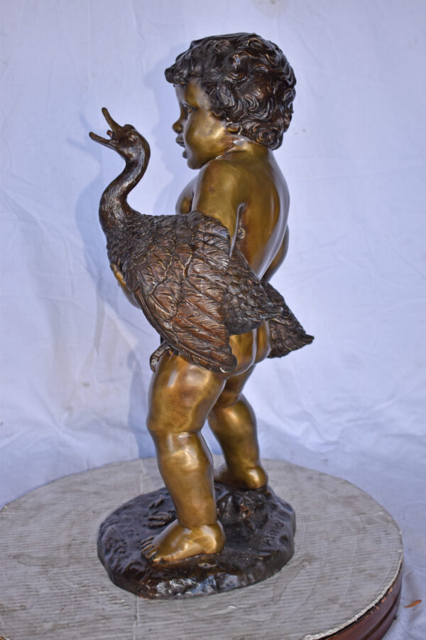 Naked Boy holding Two Ducks Bronze Statue Fountain Art Nude - Size: 17"L x 14"W x 27"H. - Image 5