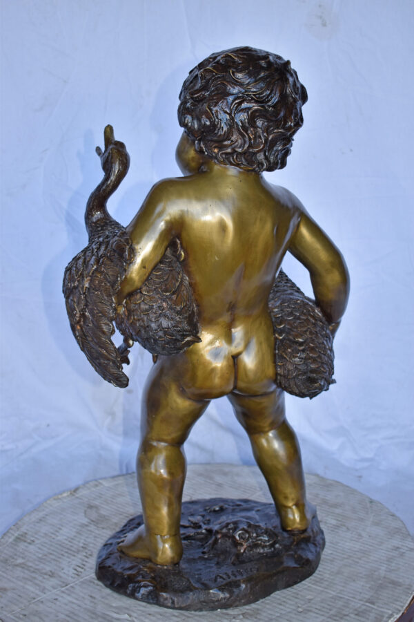 Naked Boy holding Two Ducks Bronze Statue Fountain Art Nude - Size: 17"L x 14"W x 27"H. - Image 6