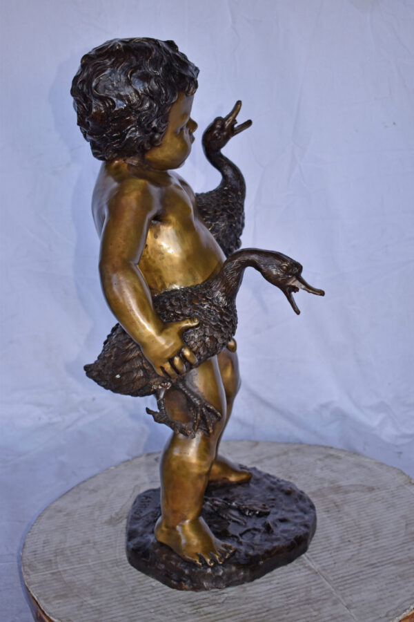 Naked Boy holding Two Ducks Bronze Statue Fountain Art Nude - Size: 17"L x 14"W x 27"H. - Image 8