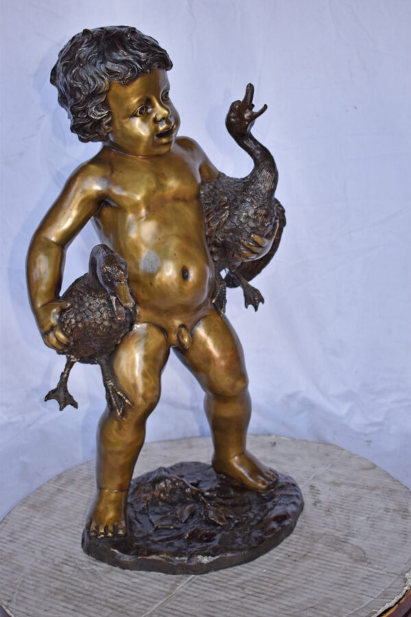 Naked Boy holding Two Ducks Bronze Statue Fountain Art Nude - Size: 17"L x 14"W x 27"H. - Image 9