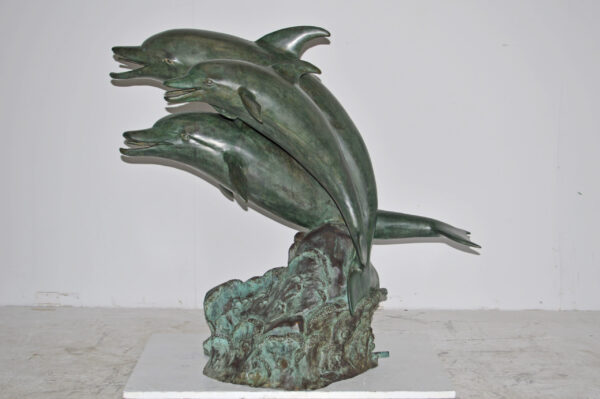 Three Dolphins Bronze Statue Fountain Green Patina Finish, Size 40" x 24" x 36"H - Image 3