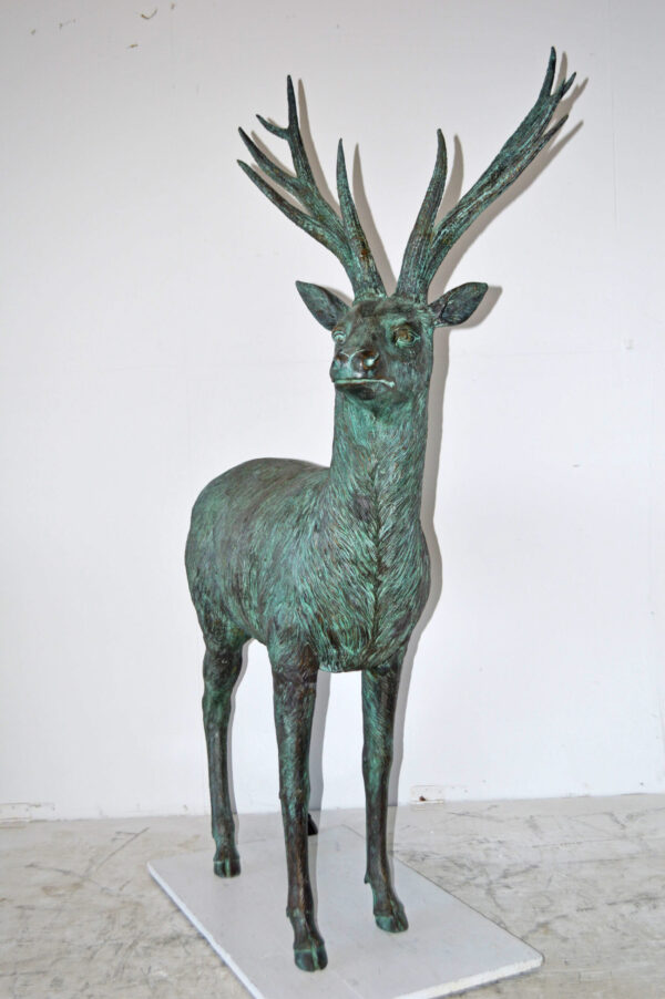 Pair of life size deer bronze statue with Green Patina - Size: 17" x 44" x 52"H. - Image 9