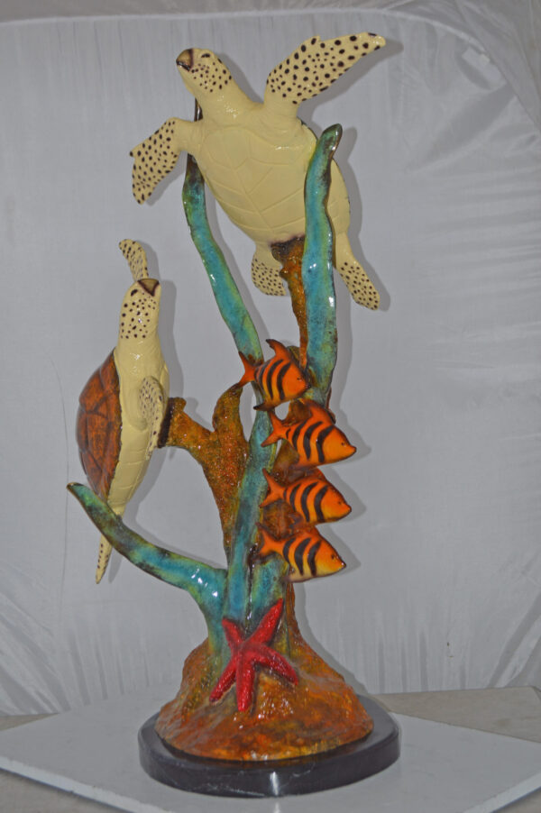 Two Turtles Swimming with Clown Fish Bronze Statue - Size: 18"L x 31"W x 42"H. - Image 3