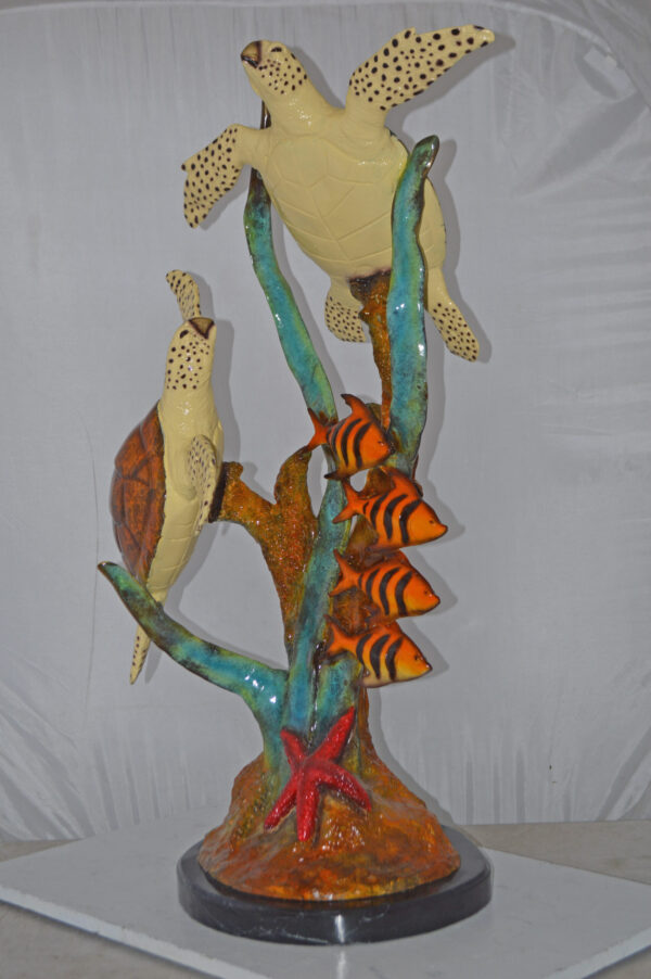 Two Turtles Swimming with Clown Fish Bronze Statue - Size: 18"L x 31"W x 42"H. - Image 4