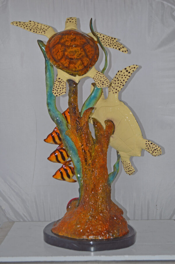Two Turtles Swimming with Clown Fish Bronze Statue - Size: 18"L x 31"W x 42"H. - Image 8