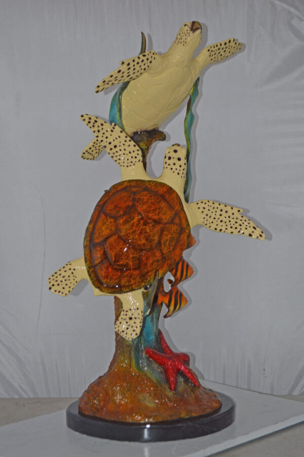 Two Turtles Swimming with Clown Fish Bronze Statue - Size: 18"L x 31"W x 42"H. - Image 12